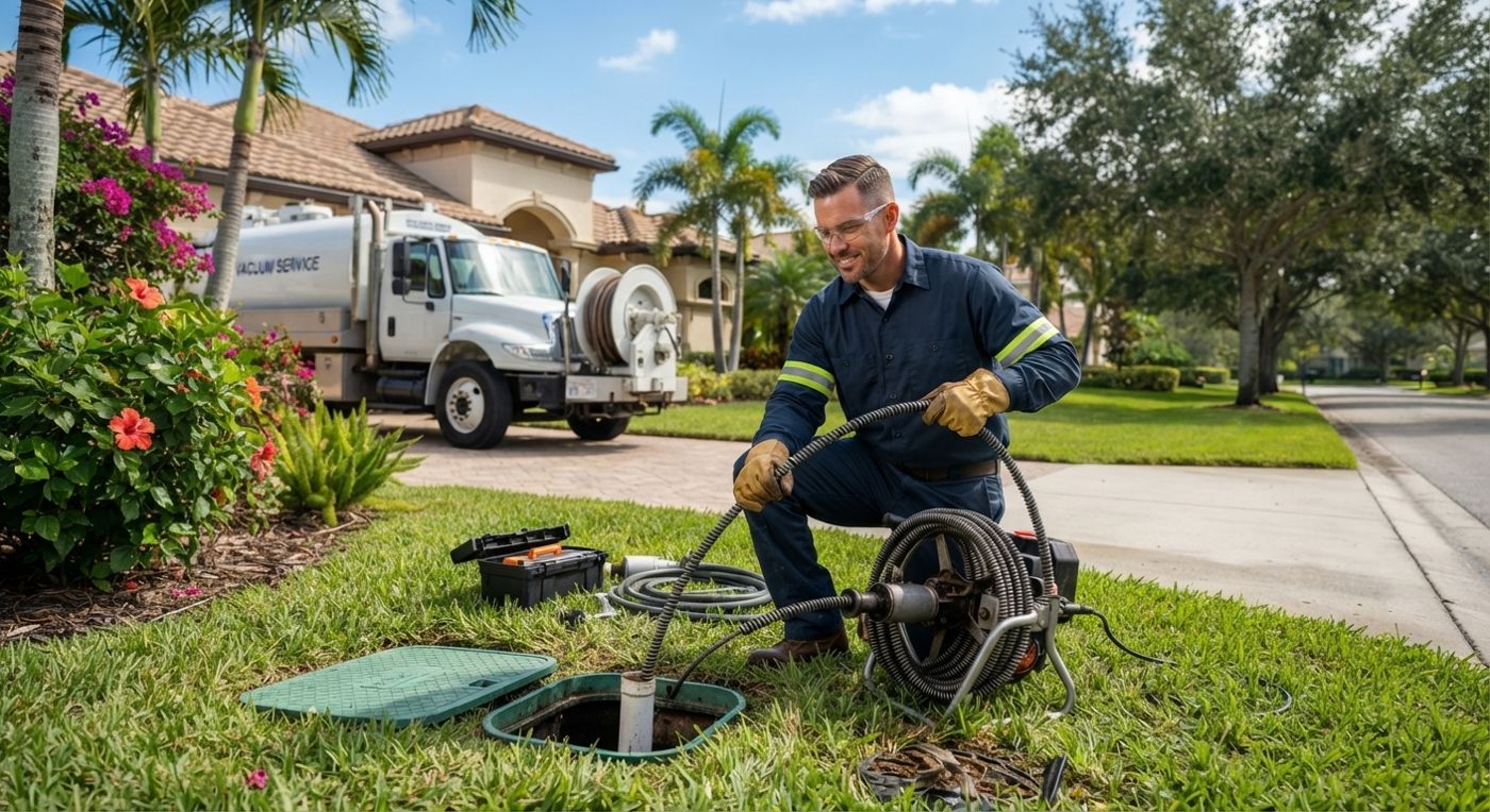 Technician running a drain line from a septic riser at a Florida home