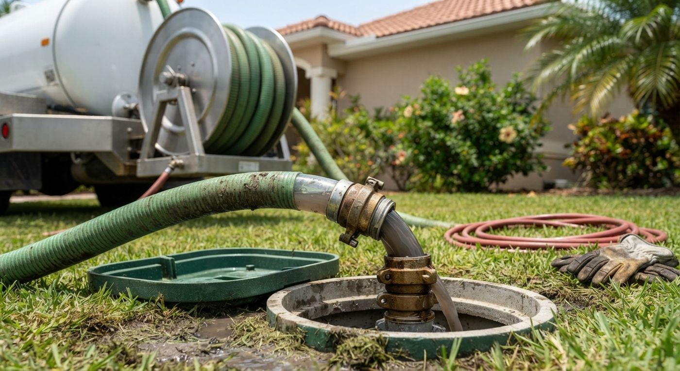 Vacuum hose connected to an open septic tank access port during a pump-out