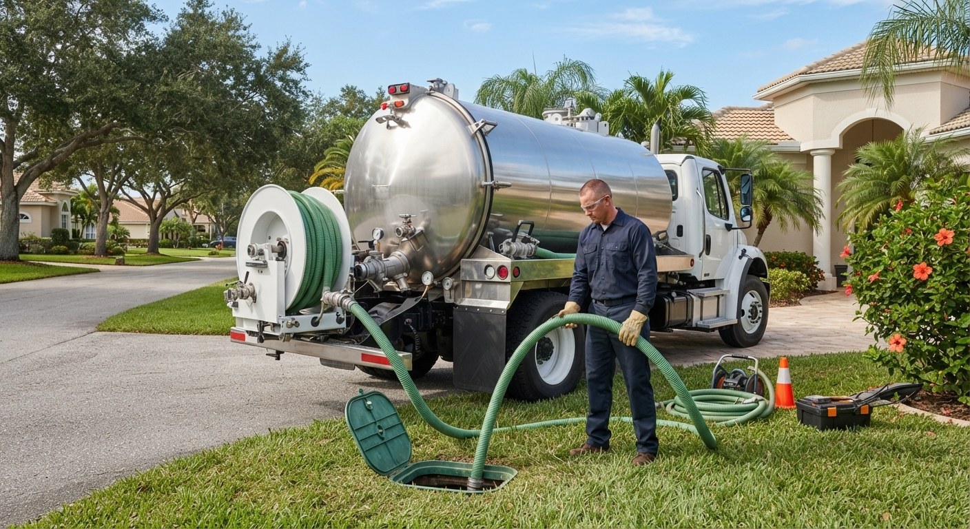 Septic service truck arriving at a Manatee County home